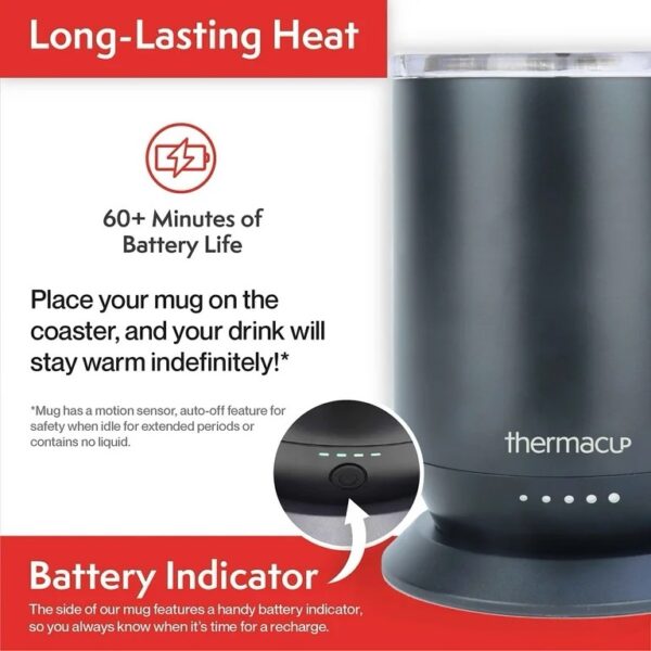THERMACUP Temperature Controlled Self Heating Coffee Mug, Stainless Steel, 12oz BLACK - Image 3