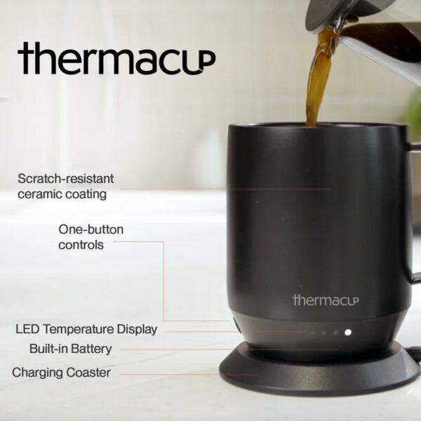 THERMACUP Temperature Controlled Self Heating Coffee Mug, Stainless Steel, 12oz BLACK - Image 6