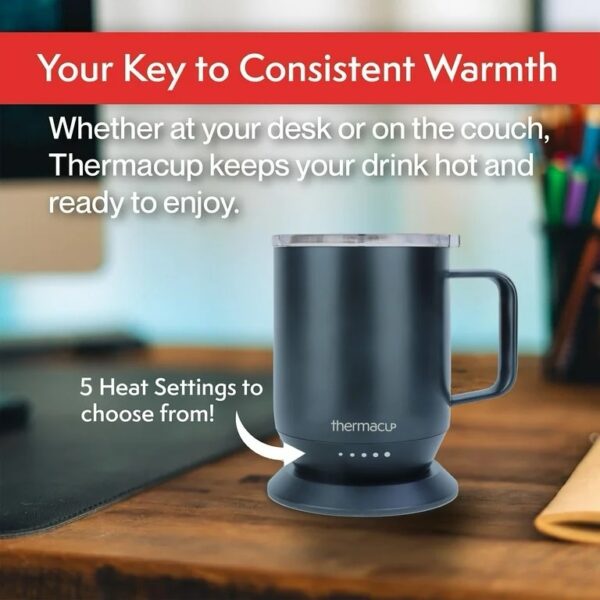 THERMACUP Temperature Controlled Self Heating Coffee Mug, Stainless Steel, 12oz BLACK - Image 7